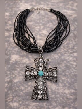 Statement Cross Necklace Black Multi Strand Beaded Rhinestone Turquoise Pendant